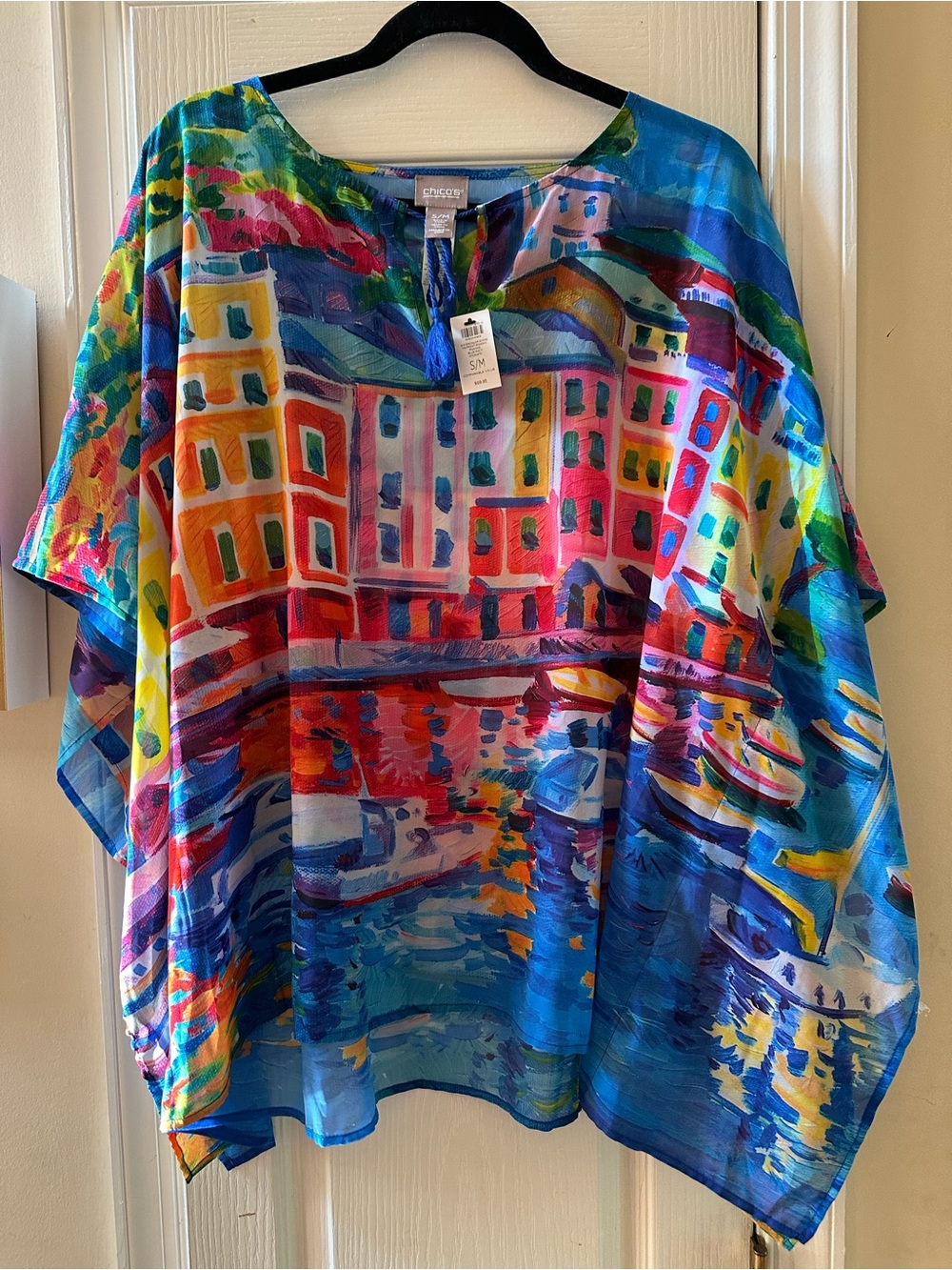 Chico's Blue Multi Watercolor Tie-Front Poncho